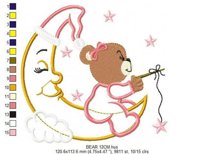 Female Bear embroidery designs - Moon and stars embroidery design machine embroidery pattern - Baby Bear applique design - instant download