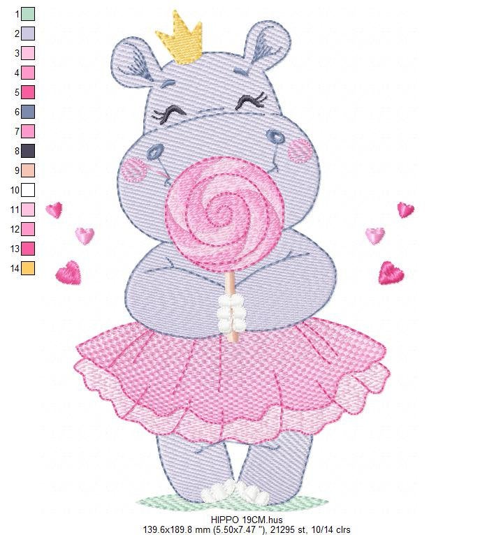 Hippo embroidery designs - Ballerina animal with lollipop and crown machine embroidery pattern - Baby girl file - Instant digital download