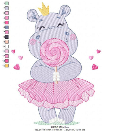 Hippo embroidery designs - Ballerina animal with lollipop and crown machine embroidery pattern - Baby girl file - Instant digital download