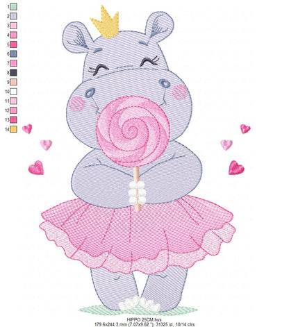 Hippo embroidery designs - Ballerina animal with lollipop and crown machine embroidery pattern - Baby girl file - Instant digital download