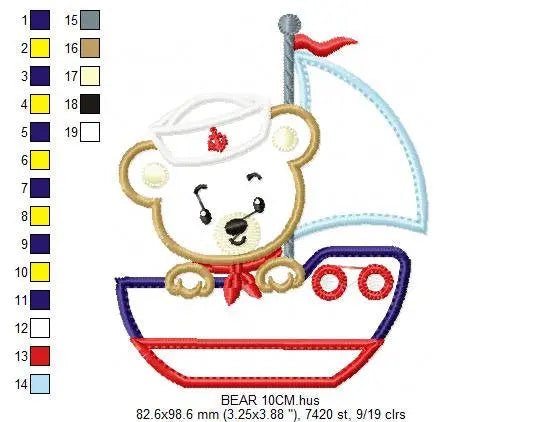 Bear embroidery designs - Boat applique machine embroidery pattern - Baby Boy Sailor bear applique design - Instant digital download pes jef Marcia Embroidery