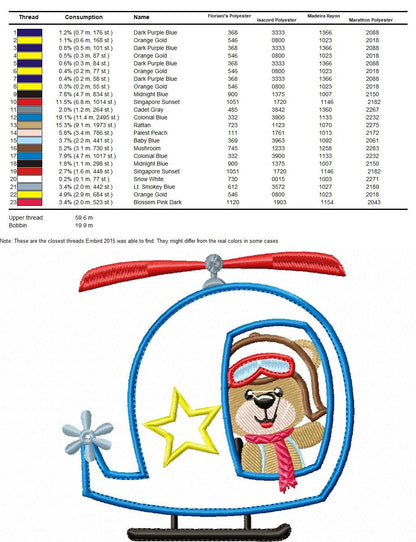 Bear embroidery designs - Helicopter embroidery design machine embroidery pattern - Animal embroidery file - helicopter applique design boy
