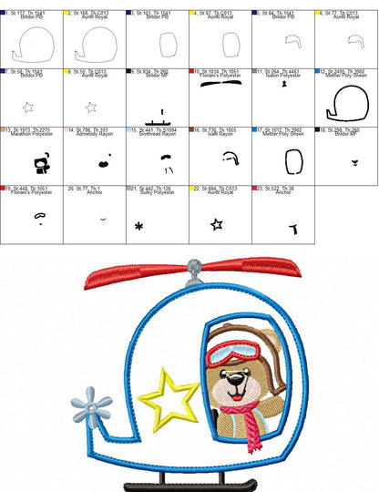 Bear embroidery designs - Helicopter embroidery design machine embroidery pattern - Animal embroidery file - helicopter applique design boy