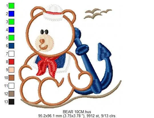 Boat embroidery designs - Sailor Bear with anchor machine embroidery pattern - Sailor bear applique - Teddy Nautical - Instant download pes Marcia Embroidery