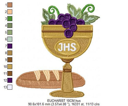 Eucharist Chalice embroidery designs - Catholic Church Communion machine embroidery pattern - Grape Bread Wheat - Instant download pes jef