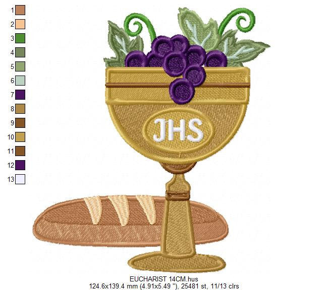 Eucharist Chalice embroidery designs - Catholic Church Communion machine embroidery pattern - Grape Bread Wheat - Instant download pes jef