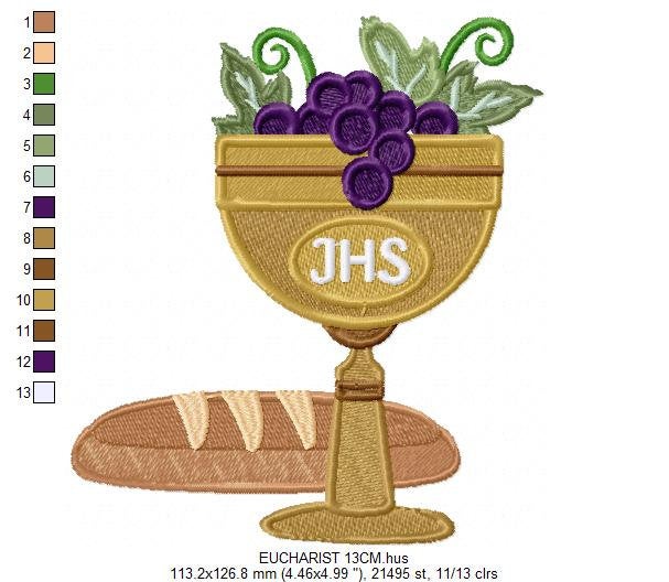 Eucharist Chalice embroidery designs - Catholic Church Communion machine embroidery pattern - Grape Bread Wheat - Instant download pes jef