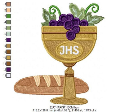 Eucharist Chalice embroidery designs - Catholic Church Communion machine embroidery pattern - Grape Bread Wheat - Instant download pes jef