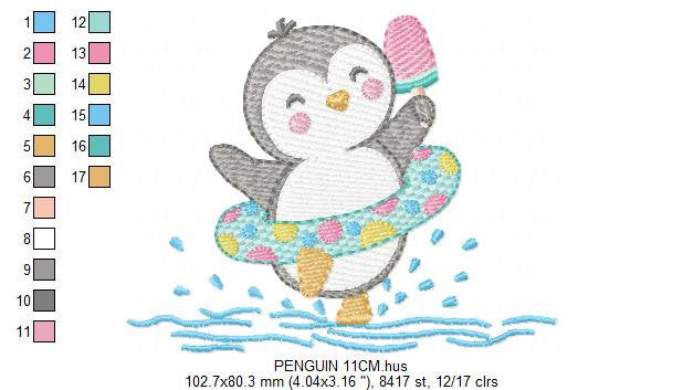 Penguin embroidery design - Animal with floater ring and icecream machine embroidery pattern - Baby boy file - Instant download pes jef dst