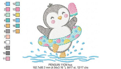 Penguin embroidery design - Animal with floater ring and icecream machine embroidery pattern - Baby boy file - Instant download pes jef dst