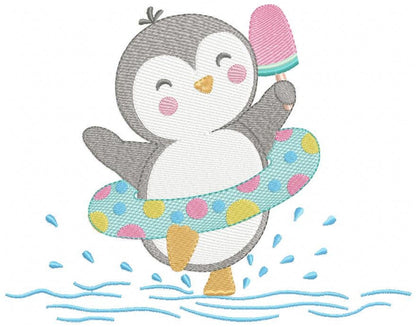 Penguin embroidery design - Animal with floater ring and icecream machine embroidery pattern - Baby boy file - Instant download pes jef dst