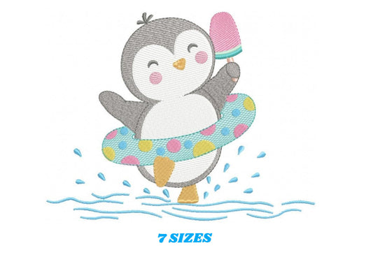 Penguin embroidery design - Animal with floater ring and icecream machine embroidery pattern - Baby boy file - Instant download pes jef dst