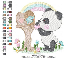 Panda with mailbox embroidery design - Animal with rainbow machine embroidery pattern - Baby boy file - Panda with bird - Instant download