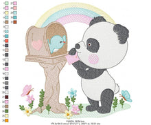 Load image into Gallery viewer, Panda with mailbox embroidery design - Animal with rainbow machine embroidery pattern - Baby boy file - Panda with bird - Instant download
