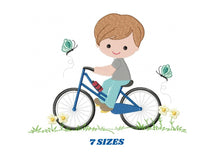 Load image into Gallery viewer, Boy with bike embroidery designs - Baby Boy embroidery design machine embroidery pattern -  instant download Bicycle cyclist Biker kid toy
