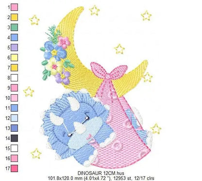 Dinosaur embroidery designs - Baby Dino with moon machine embroidery pattern - Baby girl file Triceraptors - Instant digital download pes Marcia Embroidery
