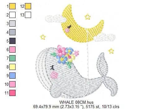 Whale embroidery designs - Baby girl embroidery design machine embroidery pattern - Whale with moon embroidery file - instant download pes Marcia Embroidery