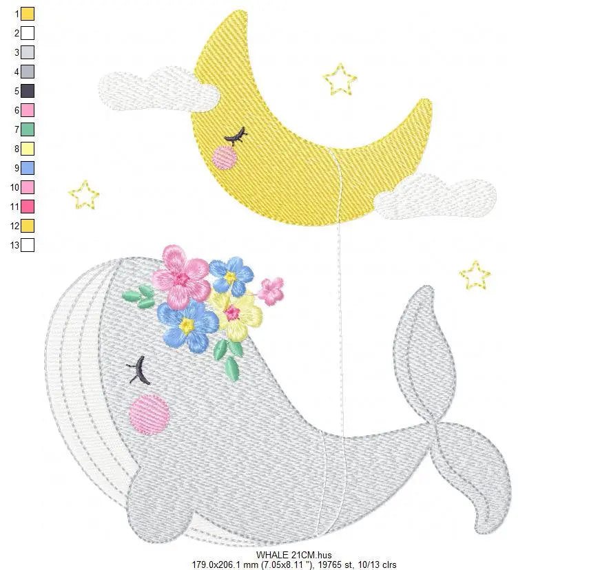 Whale embroidery designs - Baby girl embroidery design machine embroidery pattern - Whale with moon embroidery file - instant download pes Marcia Embroidery