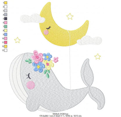 Whale embroidery designs - Baby girl embroidery design machine embroidery pattern - Whale with moon embroidery file - instant download pes Marcia Embroidery