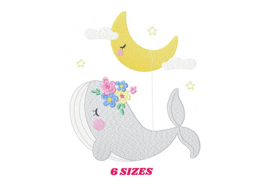 Whale embroidery designs - Baby girl embroidery design machine embroidery pattern - Whale with moon embroidery file - instant download pes