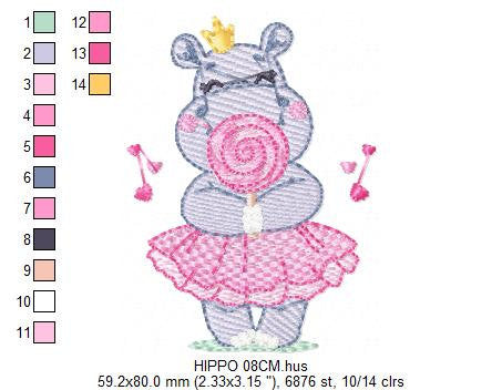 Hippo embroidery designs - Ballerina animal with lollipop and crown machine embroidery pattern - Baby girl file - Instant digital download