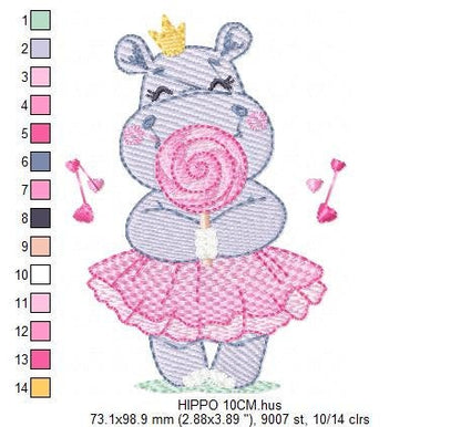 Hippo embroidery designs - Ballerina animal with lollipop and crown machine embroidery pattern - Baby girl file - Instant digital download