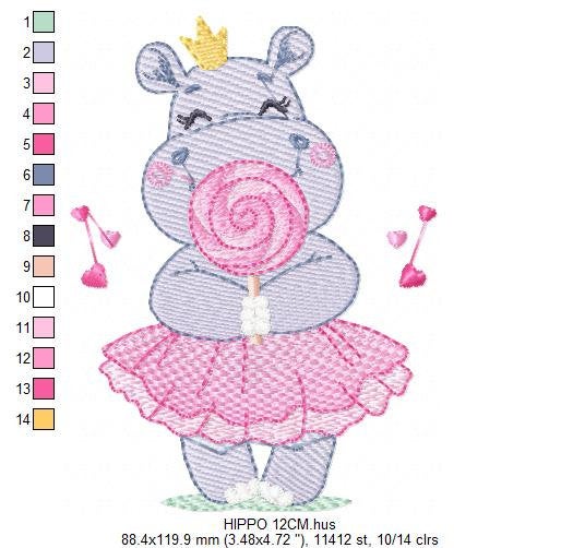 Hippo embroidery designs - Ballerina animal with lollipop and crown machine embroidery pattern - Baby girl file - Instant digital download
