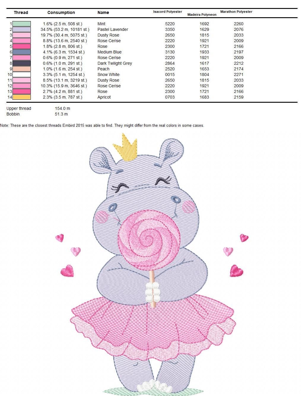Hippo embroidery designs - Ballerina animal with lollipop and crown machine embroidery pattern - Baby girl file - Instant digital download