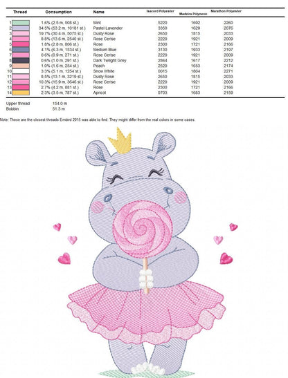 Hippo embroidery designs - Ballerina animal with lollipop and crown machine embroidery pattern - Baby girl file - Instant digital download