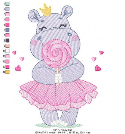 Hippo embroidery designs - Ballerina animal with lollipop and crown machine embroidery pattern - Baby girl file - Instant digital download