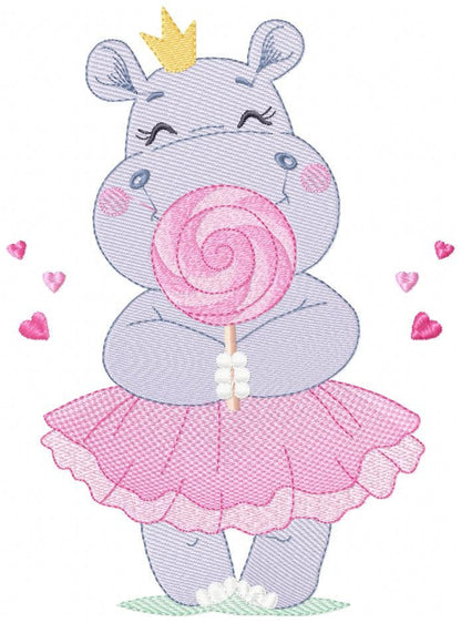 Hippo embroidery designs - Ballerina animal with lollipop and crown machine embroidery pattern - Baby girl file - Instant digital download
