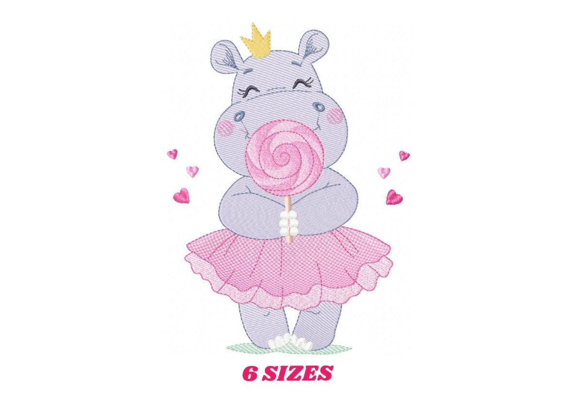 Hippo embroidery designs - Ballerina animal with lollipop and crown machine embroidery pattern - Baby girl file - Instant digital download