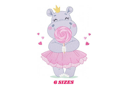 Hippo embroidery designs - Ballerina animal with lollipop and crown machine embroidery pattern - Baby girl file - Instant digital download