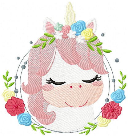 Unicorn with flowers embroidery designs - Sleeping Unicorn with Flower Frame machine embroidery pattern - Baby Girl file - Instant download
