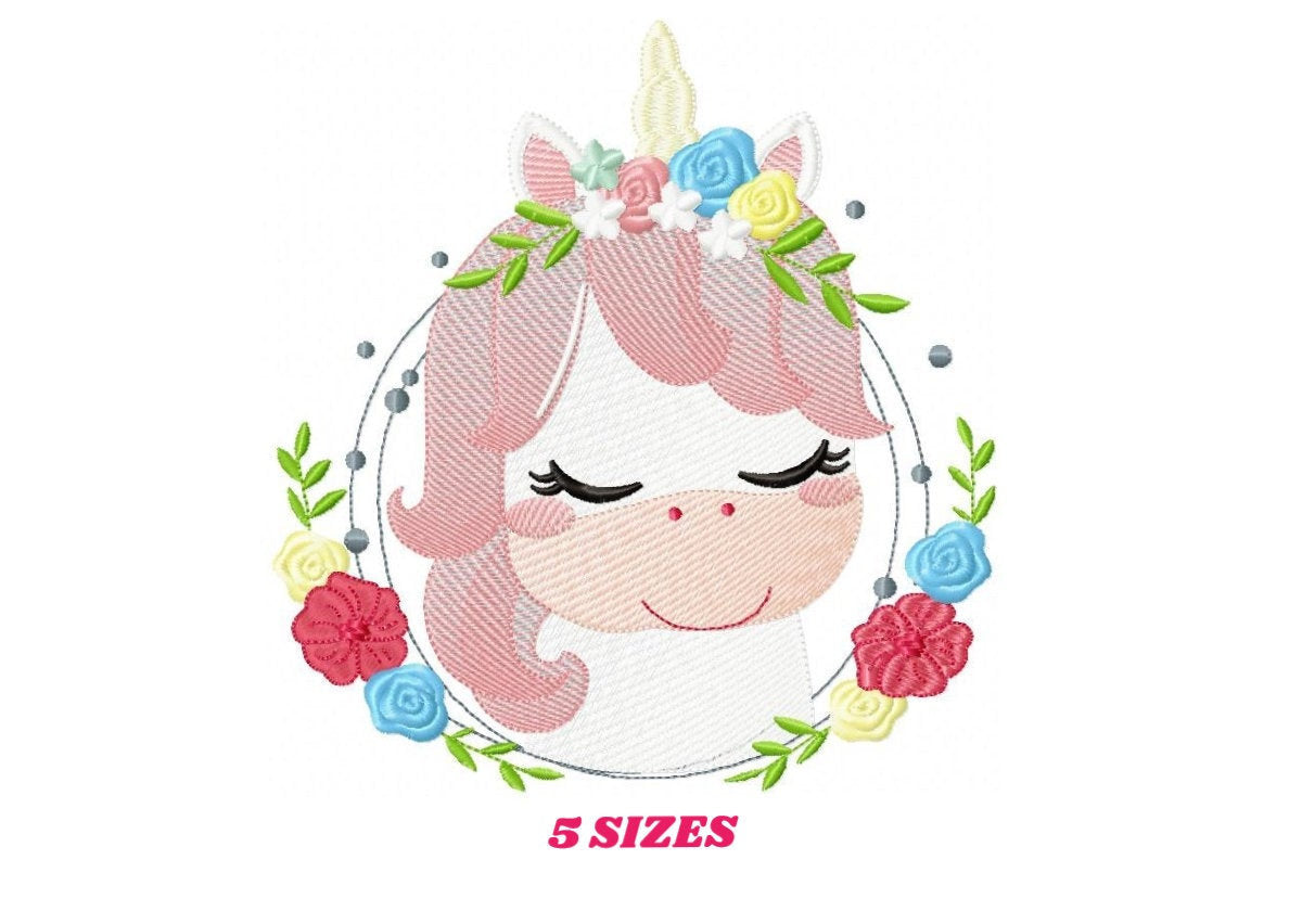Unicorn with flowers embroidery designs - Sleeping Unicorn with Flower Frame machine embroidery pattern - Baby Girl file - Instant download