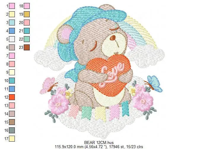 Bear embroidery designs - Rainbow embroidery design machine embroidery pattern - Baby girl embroidery file - Bear with rainbow and cloud Marcia Embroidery