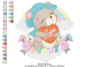 Bear embroidery designs - Rainbow embroidery design machine embroidery pattern - Baby girl embroidery file - Bear with rainbow and cloud