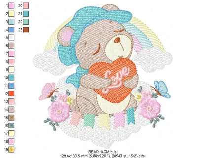 Bear embroidery designs - Rainbow embroidery design machine embroidery pattern - Baby girl embroidery file - Bear with rainbow and cloud Marcia Embroidery