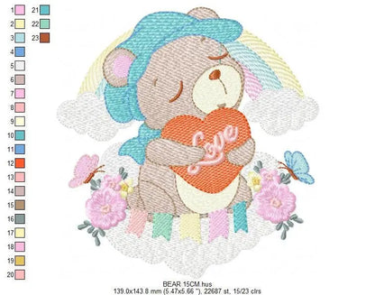 Bear embroidery designs - Rainbow embroidery design machine embroidery pattern - Baby girl embroidery file - Bear with rainbow and cloud Marcia Embroidery