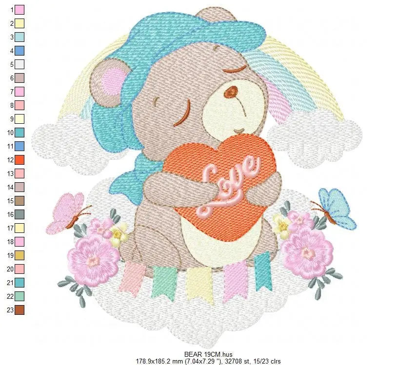 Bear embroidery designs - Rainbow embroidery design machine embroidery pattern - Baby girl embroidery file - Bear with rainbow and cloud Marcia Embroidery