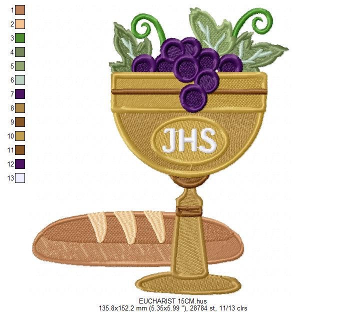 Eucharist Chalice embroidery designs - Catholic Church Communion machine embroidery pattern - Grape Bread Wheat - Instant download pes jef