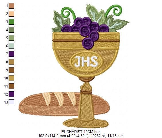 Eucharist Chalice embroidery designs - Catholic Church Communion machine embroidery pattern - Grape Bread Wheat - Instant download pes jef
