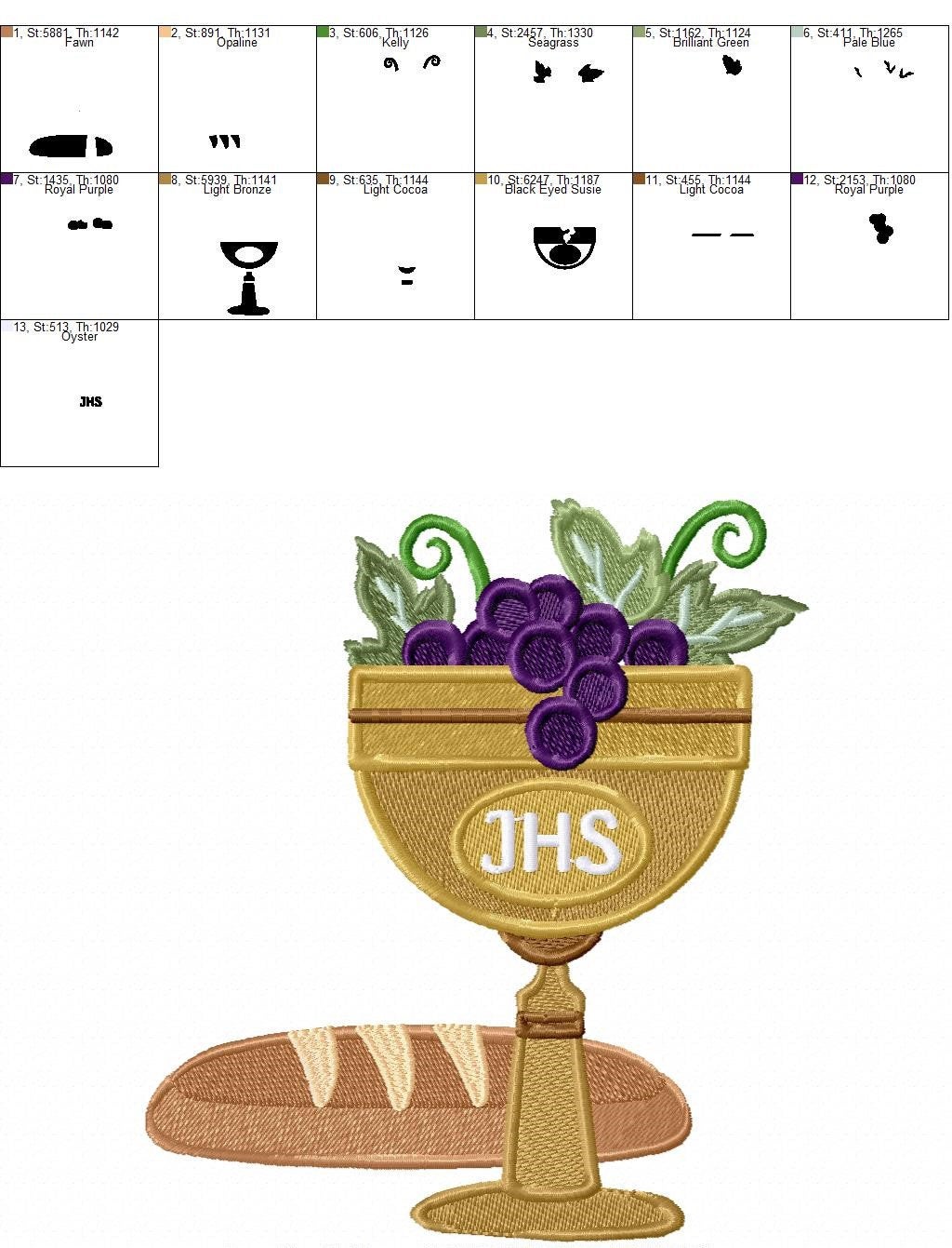 Eucharist Chalice embroidery designs - Catholic Church Communion machine embroidery pattern - Grape Bread Wheat - Instant download pes jef