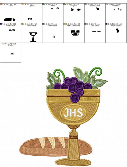 Eucharist Chalice embroidery designs - Catholic Church Communion machine embroidery pattern - Grape Bread Wheat - Instant download pes jef