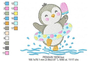 Penguin embroidery design - Animal with floater ring and icecream machine embroidery pattern - Baby boy file - Instant download pes jef dst