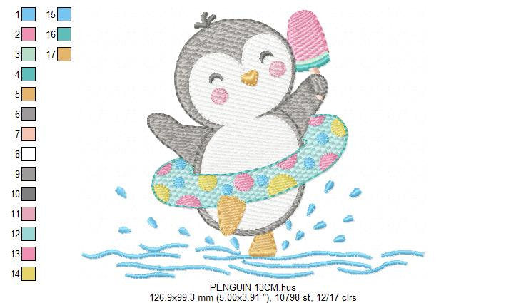 Penguin embroidery design - Animal with floater ring and icecream machine embroidery pattern - Baby boy file - Instant download pes jef dst