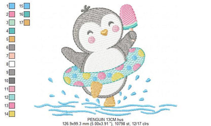 Penguin embroidery design - Animal with floater ring and icecream machine embroidery pattern - Baby boy file - Instant download pes jef dst