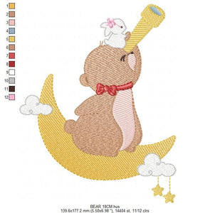 Bear embroidery designs - Moon embroidery design machine embroidery pattern - Teddy embroidery file Bear with bunny sky night download