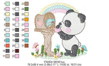 Load image into Gallery viewer, Panda with mailbox embroidery design - Animal with rainbow machine embroidery pattern - Baby boy file - Panda with bird - Instant download
