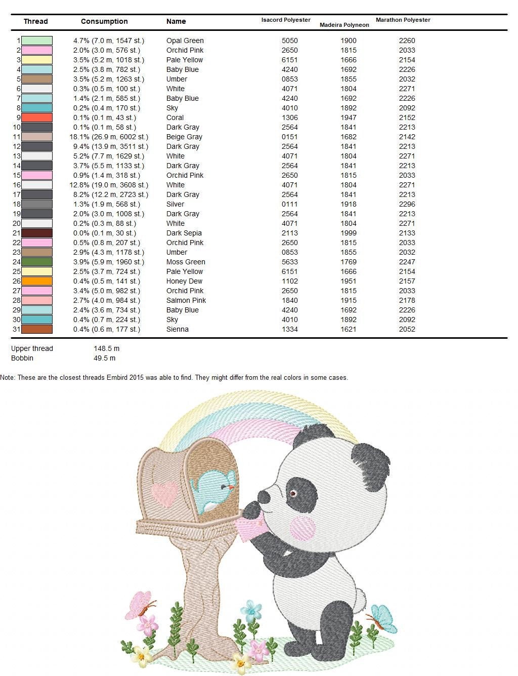 Panda with mailbox embroidery design - Animal with rainbow machine embroidery pattern - Baby boy file - Panda with bird - Instant download